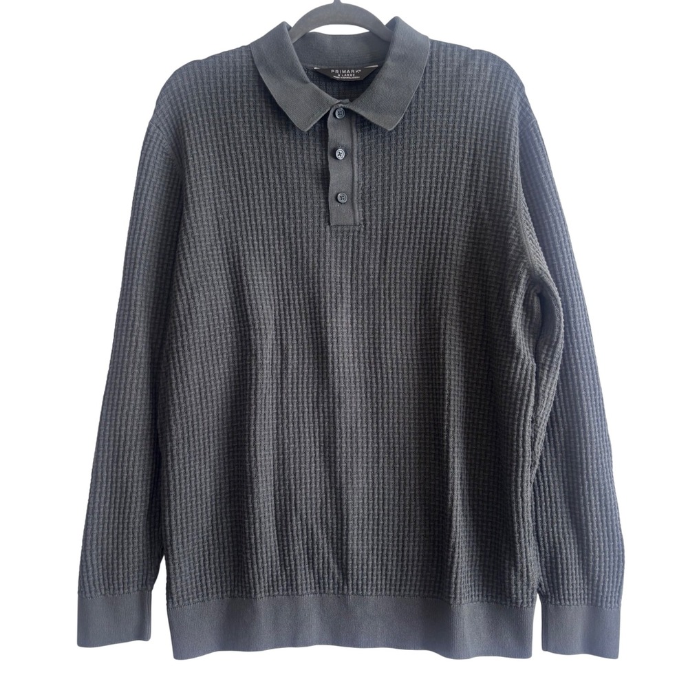 Primark Textured Waffle Knit Polo Shirt Men's Extra Large Pullover Gray